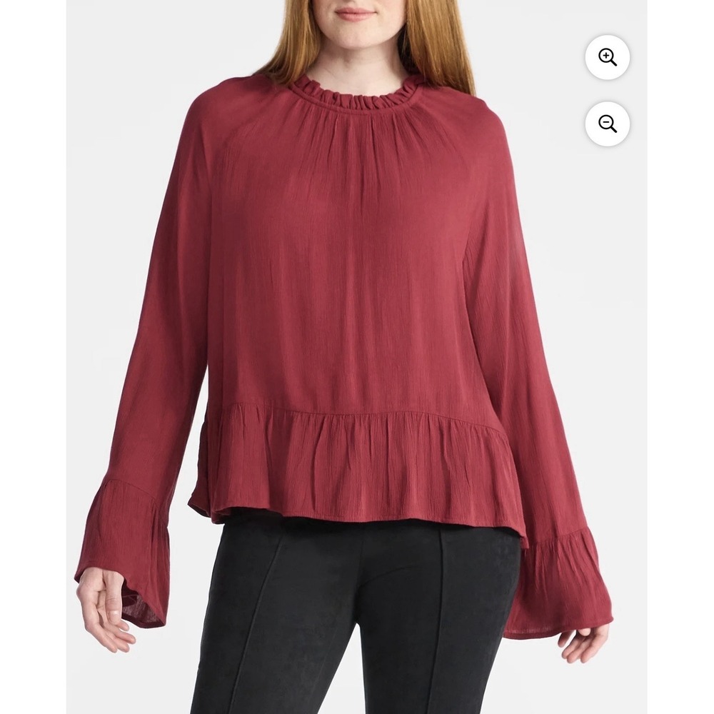 Time and Tru Womens Flowy‎ High Neck Long Sleeve Ruffle Blouse Burgundy XXL NWT